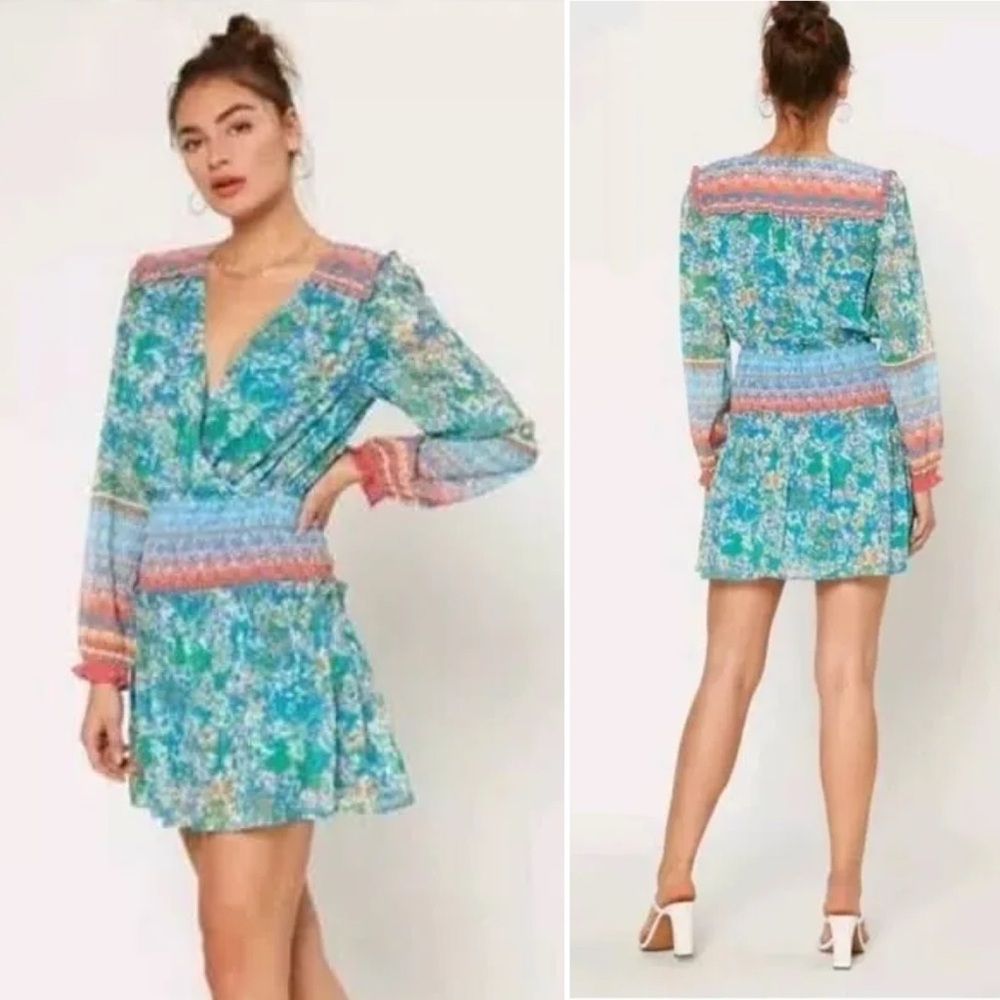 Current Air Lillian‎ Ruffle Mini Dress Large floral long sleeve turquoise blue